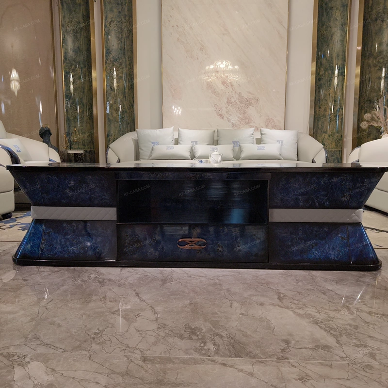High-Gloss TV Console with Artistic Blue Veneer Finish